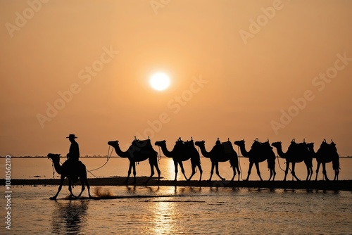 Drover Leading Camel Caravan at Sunrise Over African Salt Lake Silhouette photo