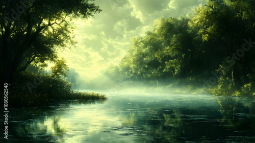 Misty Forest River Illustration - Serene Nature Scene