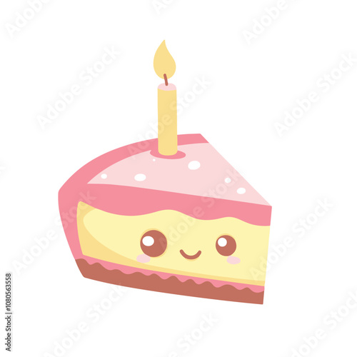 A pink and yellow slice of cake with one candle