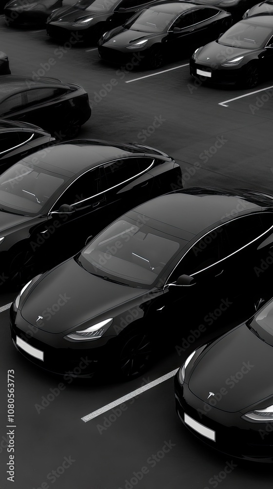 Fototapeta premium Monochrome elegance of black cars in a parking lot captured at twilight, revealing striking details and contrasts in a vibrant city environment