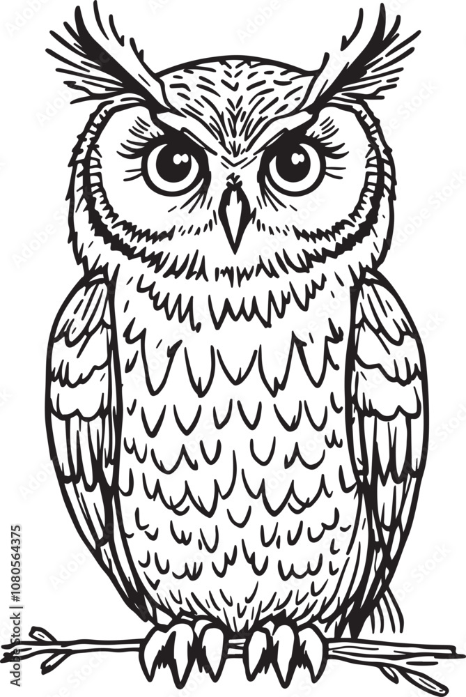 Owl Bird Wisdom, Linear Drawing Sketched Art Black and White Vector Illustration Owl Bird Wisdom, Linear Drawing Sketched Art Black and White Vector Illustration