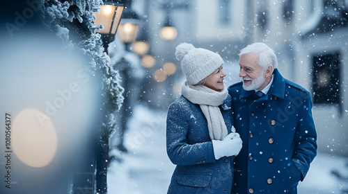 Cheerful couple enjoying a snowy winter stroll through a charming street illuminated by warm lantern light