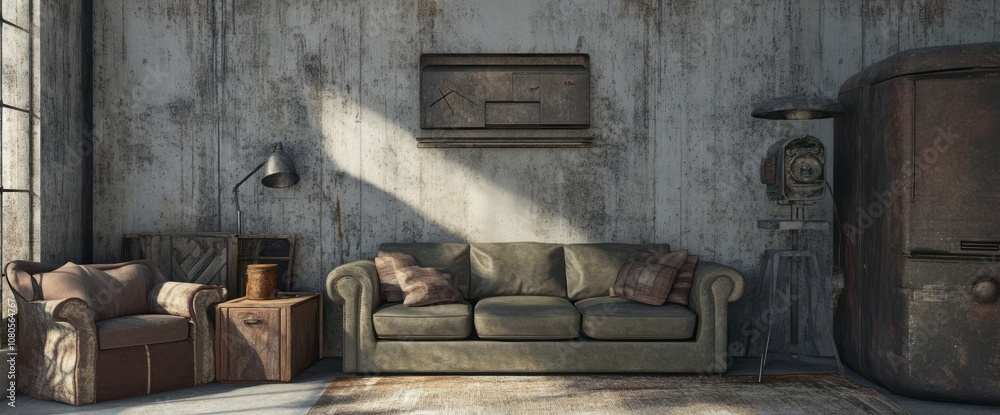A Rustic Living Room with a Distressed Leather Sofa and Industrial Elements A Rustic Living Room with a Distressed Leather Sofa and Industrial Elements