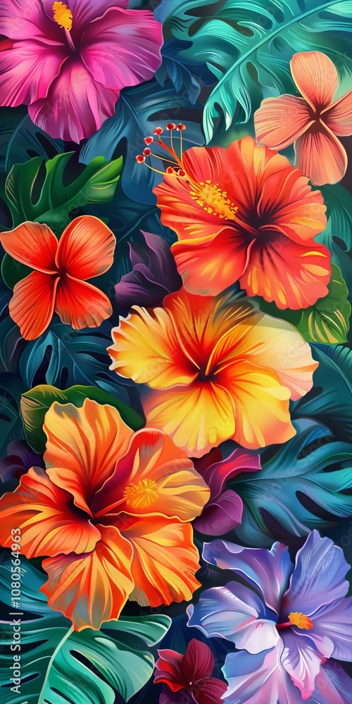 A colorful painting of a tropical garden with a variety of flowers including hibiscus. The painting is vibrant and lively, with a sense of warmth and happiness A colorful painting of a tropical garden with a variety of flowers including hibiscus. The painting is vibrant and lively, with a sense of warmth and happiness