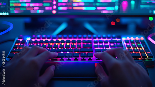 A vibrant gaming setup featuring close up of hands on colorful mechanical keyboard, illuminated by dynamic RGB lighting. background displays high tech monitor with vivid graphics, creating an immersiv photo