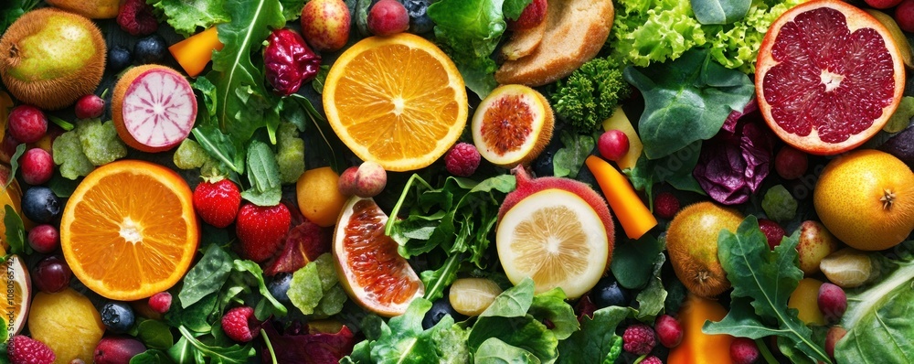 A vibrant assortment of fresh fruits and leafy greens arranged artistically. A vibrant assortment of fresh fruits and leafy greens arranged artistically.