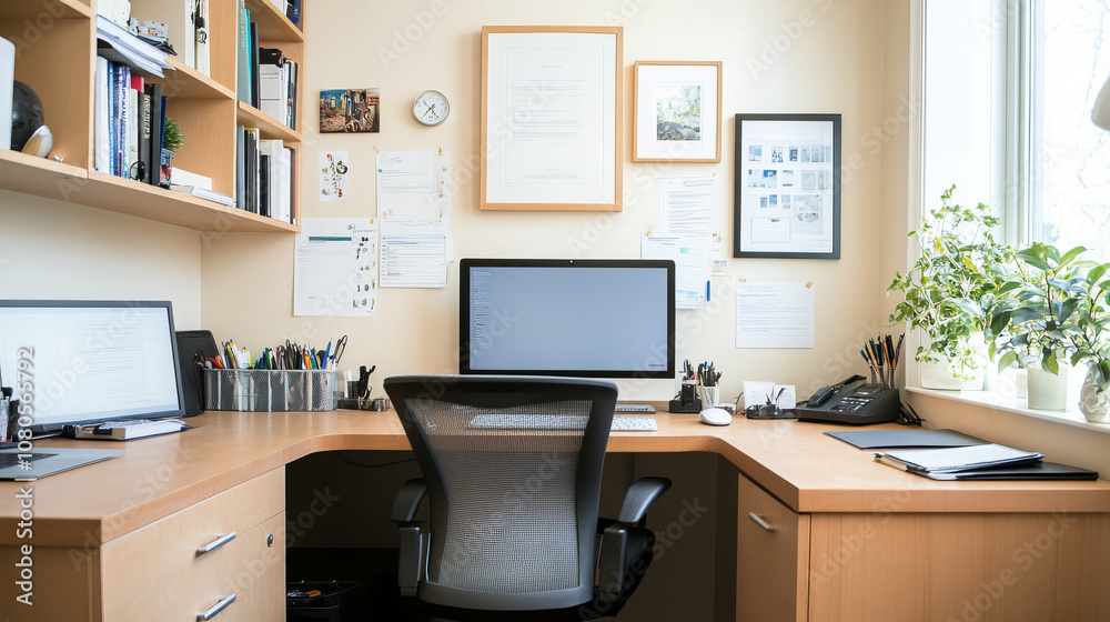 A modern home office featuring wooden desk, computer, and organized stationery. space is bright and inviting, with plants adding touch of nature A modern home office featuring wooden desk, computer, and organized stationery. space is bright and inviting, with plants adding touch of nature