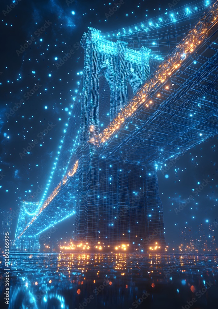 Obraz premium A bridge with lights on it is lit up in the night sky. The lights are blue and orange, creating a beautiful and serene atmosphere. The bridge is lit up in the night sky, creating a sense of wonder