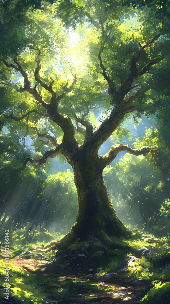 Illustration Majestic Oak Tree Sunlight Forest Illustration Majestic Oak Tree Sunlight Forest