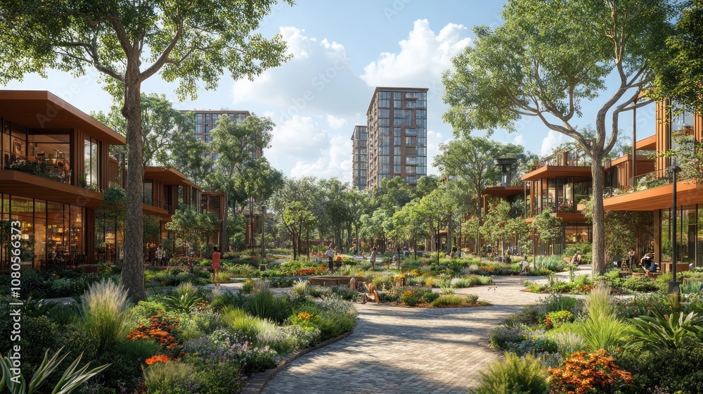 A serene urban garden with modern buildings and lush greenery. A serene urban garden with modern buildings and lush greenery.