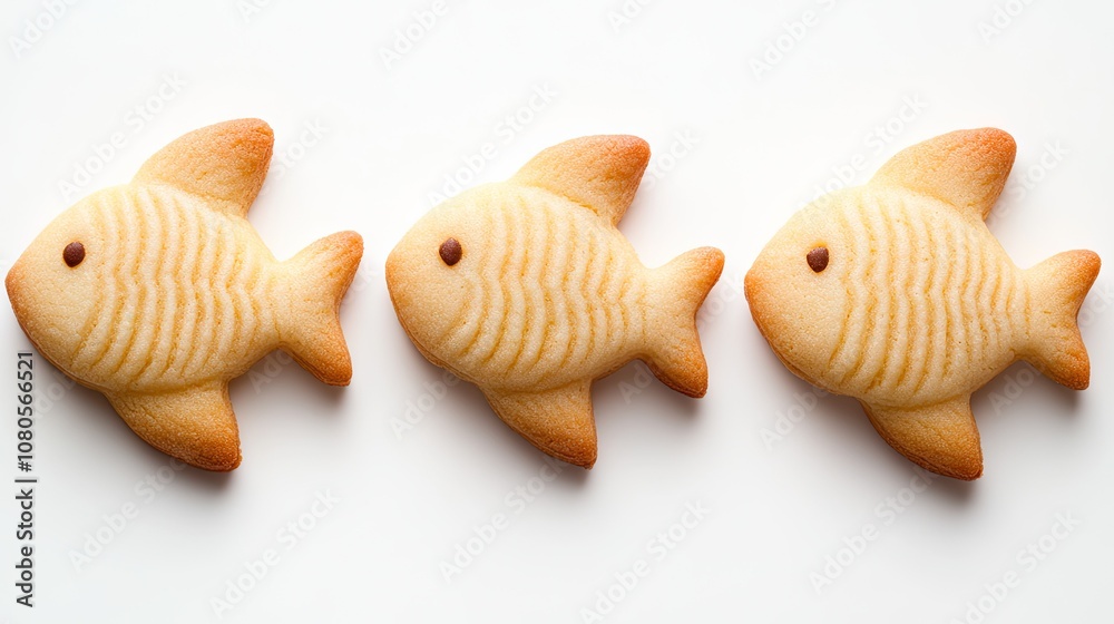 Obraz premium Delightful trio of small fish-shaped cookies arranged beautifully on a bright background, ready to be enjoyed any time of day