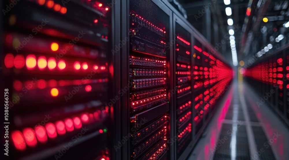 Rows of servers in a data center with red lights. Rows of servers in a data center with red lights.