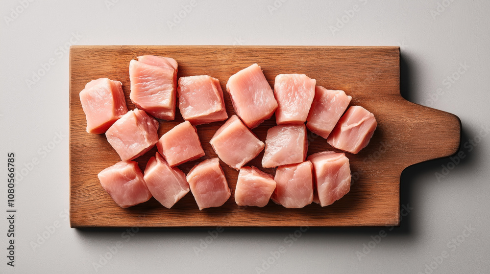 Raw cubed chicken pieces arranged neatly on a wooden cutting board, placed on a light gray surface Raw cubed chicken pieces arranged neatly on a wooden cutting board, placed on a light gray surface