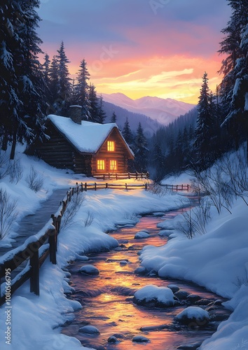 A cabin is in the woods with a river running through it. The cabin is surrounded by trees and the river is frozen over. The scene is peaceful and serene, with the sun setting in the background