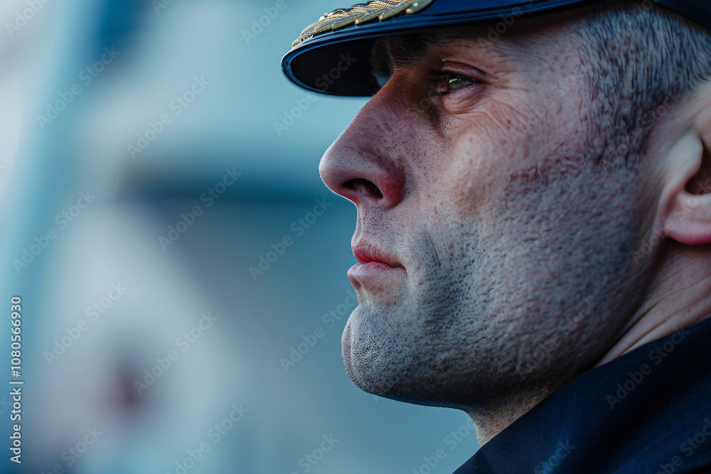 Generative AI Portrait of a Coast Guard Officer with Focused Expression Generative AI Portrait of a Coast Guard Officer with Focused Expression