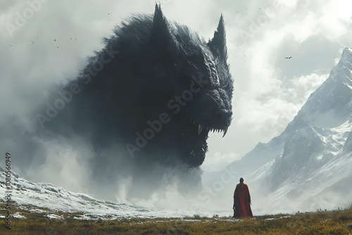 Illustration of Giant Wolf, Red Cloak Figure, and Mountains photo