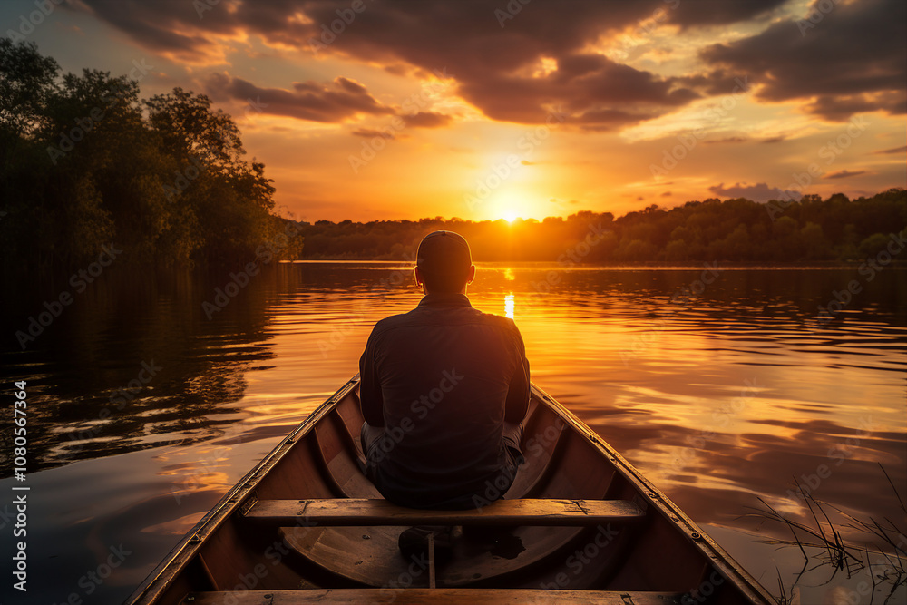 Man in a boat watching at sunset generative AI illustration Man in a boat watching at sunset generative AI illustration