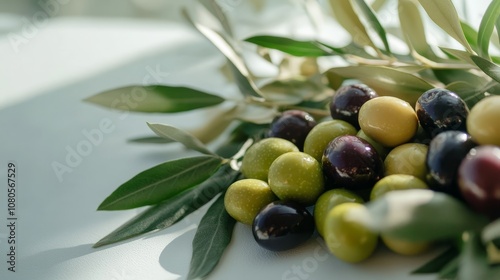 Fresh Green and Black Olives with Olive Branches on a Light Background for Culinary, Healthy Eating, and Mediterranean Lifestyle Themes in Stock Photography photo