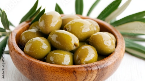 Fresh Green Olives in Wooden Bowl Surrounded by Olive Leaves on White Background Ideal for Culinary, Health, and Mediterranean Lifestyle Imagery