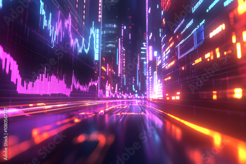 A futuristic cityscape with glowing neon signs and digital displays showing data graphs.