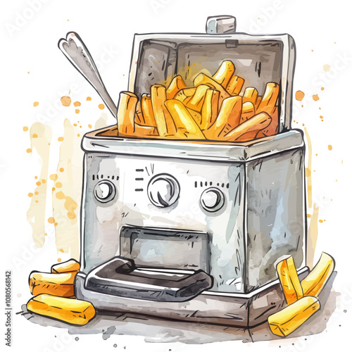 A watercolor painting of Deep Fryer, isolated on a white background. Deep Fryer vector.