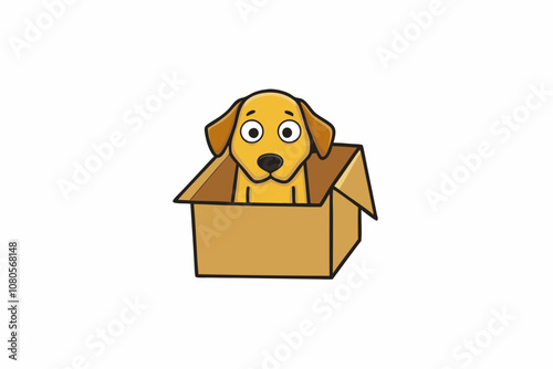 a sad dog abandoned in a cardboard box, white background, t-shirt design