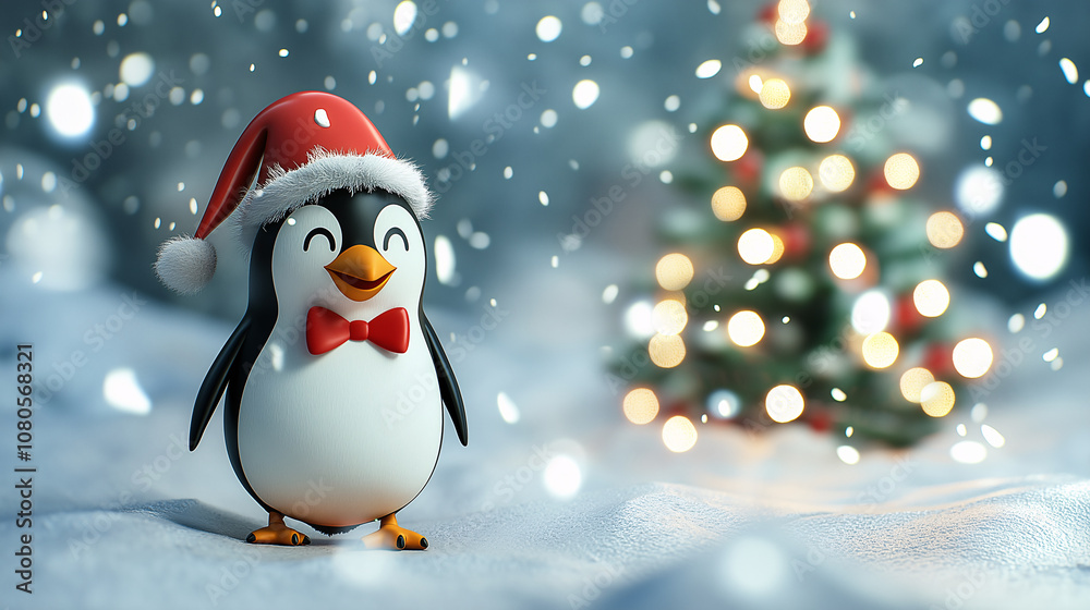 penguin with santa claus hat next to the christmas tree, merry christmas concept penguin with santa claus hat next to the christmas tree, merry christmas concept