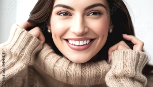 A portrait of a woman exuding warmth and positivity through her genuine smile, highlighting her natural beauty and radiant glow. Her cozy knitted sweater complements her cheerful expression