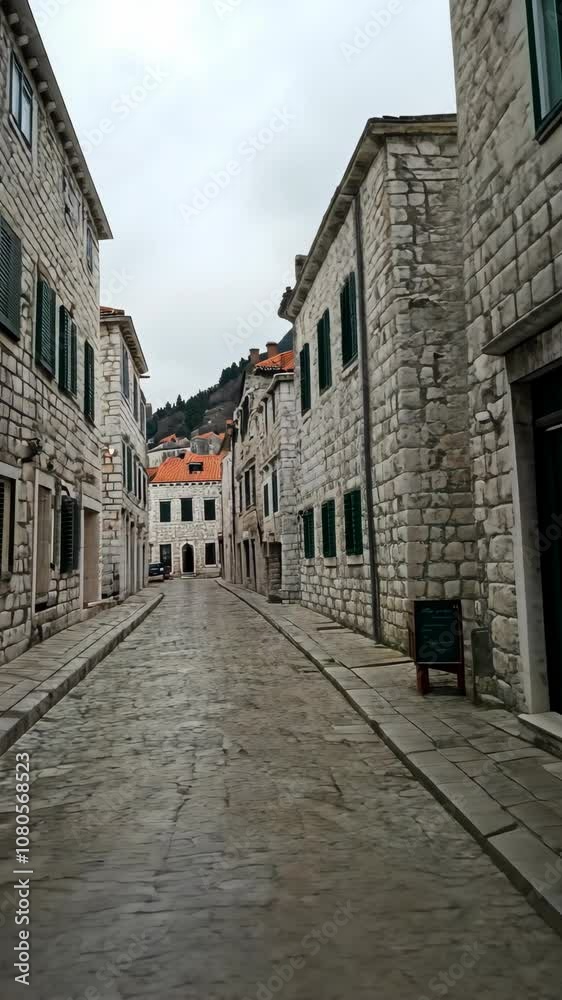 A cobblestone street winds through the heart of a historic European town, lined with stone buildings and shuttered windows A cobblestone street winds through the heart of a historic European town, lined with stone buildings and shuttered windows