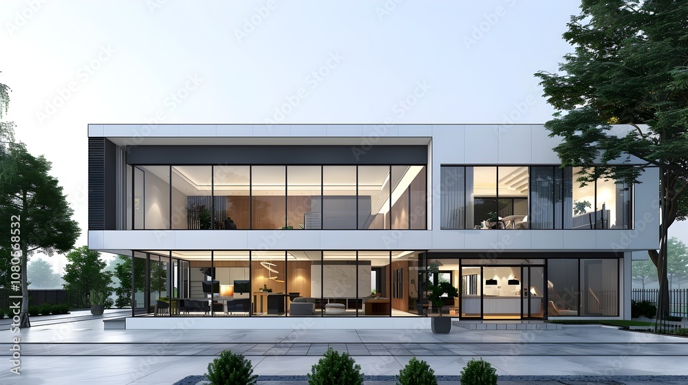 Fototapeta premium Sleek Minimalist Office Building with Open Layout and 3D Render Home Mockup