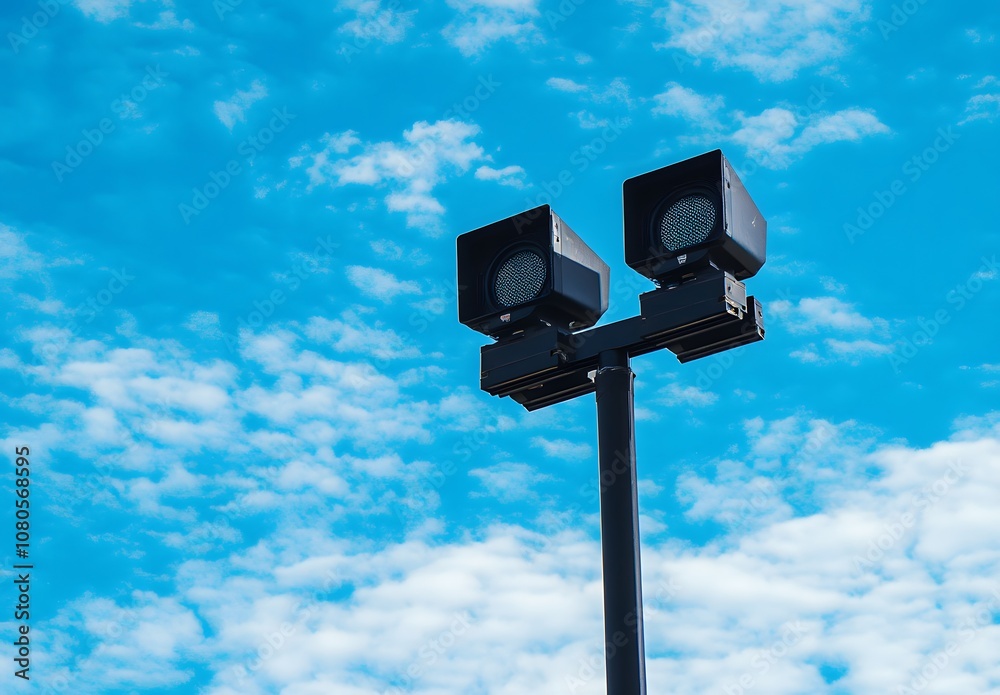 Black loudspeaker with two megaphones on a pole against a blue sky background. Black loudspeaker with two megaphones on a pole against a blue sky background.