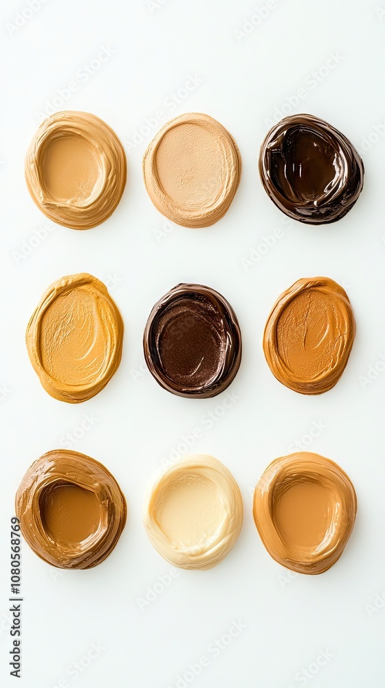 An artistic array of foundation shades displayed on a white background for beauty enthusiasts and makeup artists seeking inspiration An artistic array of foundation shades displayed on a white background for beauty enthusiasts and makeup artists seeking inspiration