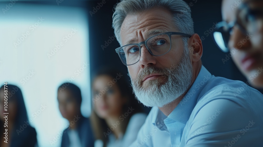 Fototapeta premium Male mature caucasian ceo businessman leader with diverse coworkers team, executive managers group at meeting. Multicultural professional businesspeople working together on research plan in boardroom.
