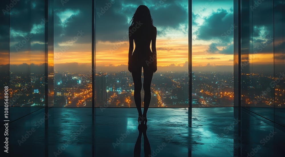 Silhouette of a woman standing in front of a large window with a view of a cityscape at sunset. Silhouette of a woman standing in front of a large window with a view of a cityscape at sunset.