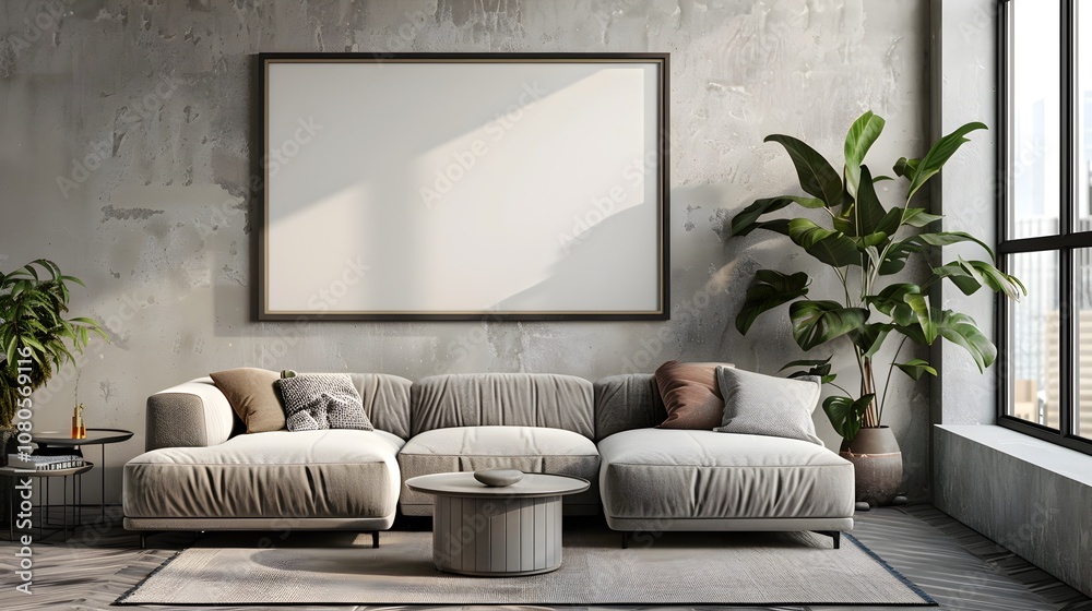 Modern Blank Frame Above Sofa in Chic Living Room Decor Modern Blank Frame Above Sofa in Chic Living Room Decor