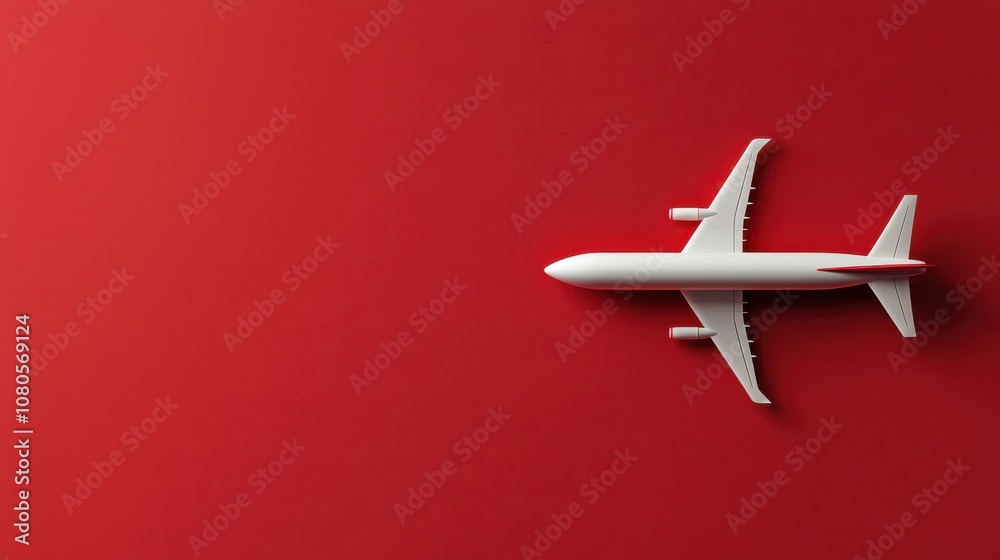 Fototapeta premium Airborne minimalist icon in flight digital artwork red background aerial view streamlined airplane concept