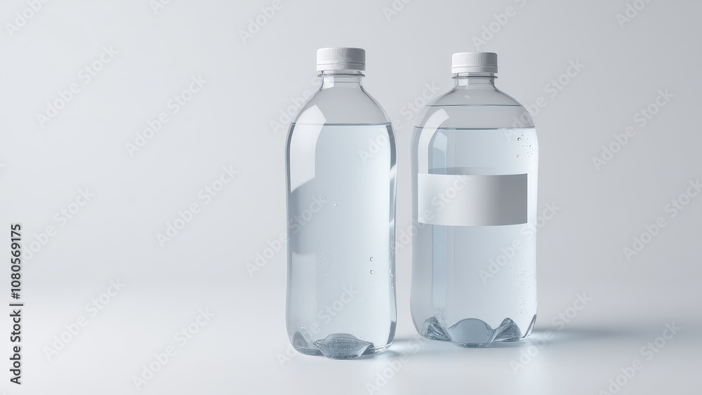 Sleek clear water bottle mockup with realistic condensation and soft shadows, perfect for branding. Sleek clear water bottle mockup with realistic condensation and soft shadows, perfect for branding.
