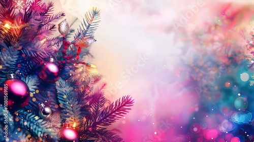 Vibrant Christmas background featuring pine branches and colorful ornaments, perfect for holiday-themed designs and festive celebrations.