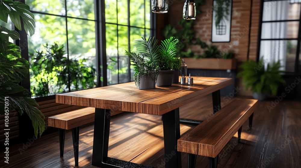 Stylish wooden table set with green plants in a bright, modern indoor space. Stylish wooden table set with green plants in a bright, modern indoor space.