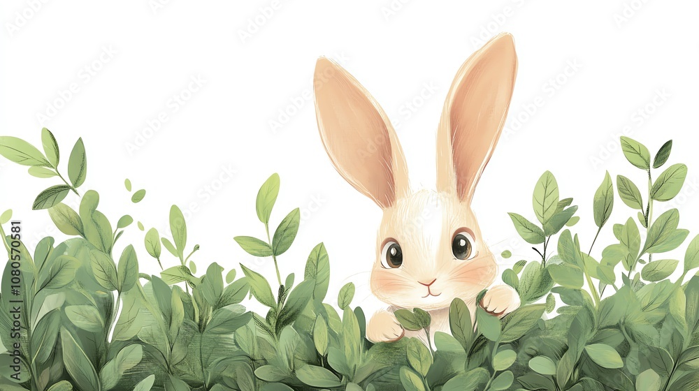 a 2D cartoon illustration of a rabbit hiding behind a bush, shy and cute, white background--ar 16:9 a 2D cartoon illustration of a rabbit hiding behind a bush, shy and cute, white background--ar 16:9