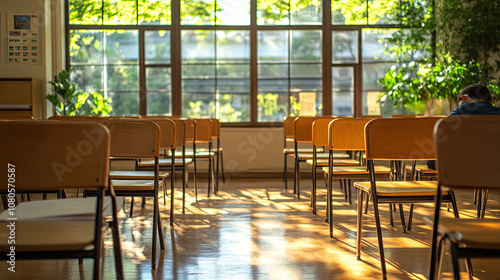 Classroom interior with wooden chairs and desks. Student studying lessons in secondary education. Generated stock