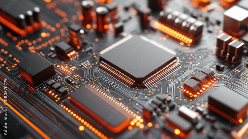 Intricate details of a circuit board showcasing vibrant orange lights and complex electronic components in a high-tech environment Intricate details of a circuit board showcasing vibrant orange lights and complex electronic components in a high-tech environment