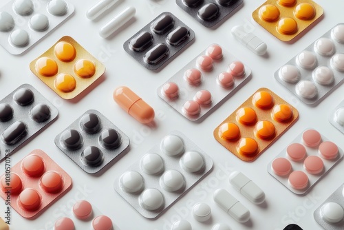 Close-up of various pills and tablet packaging on a white background, in a stock photo style. 