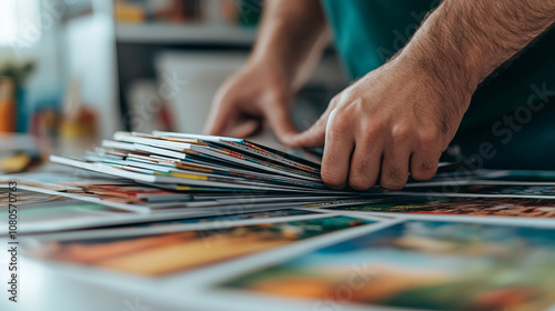 Organizing collection of photographs, person carefully arranges printed images on table, showcasing variety of vibrant scenes and memories. focus is on hands and colorful prints, evoking sense of nost photo