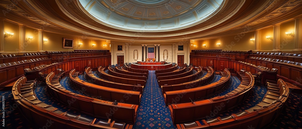 Naklejka premium Capture a high-angle view of the Senate chamber, highlighting the ornate architecture and rows of seats in oil painting style