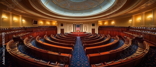 Capture a high-angle view of the Senate chamber, highlighting the ornate architecture and rows of seats in oil painting style photo