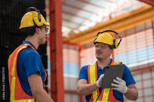 Quadro em tela Two construction workers in safety gear, including yellow helmets and reflective vests, examine materials at industrial site