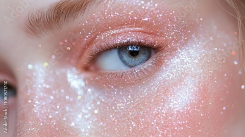 Glimmering beauty close-up showcasing sparkling glitter on radiant skin and mesmerizing blue eyes during a creative makeup session