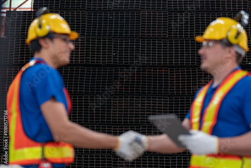 Two construction workers in safety gear, including yellow helmets and reflective vests, examine materials at industrial site. One holds a tablet, emphasizing digital tools in construction management. photo