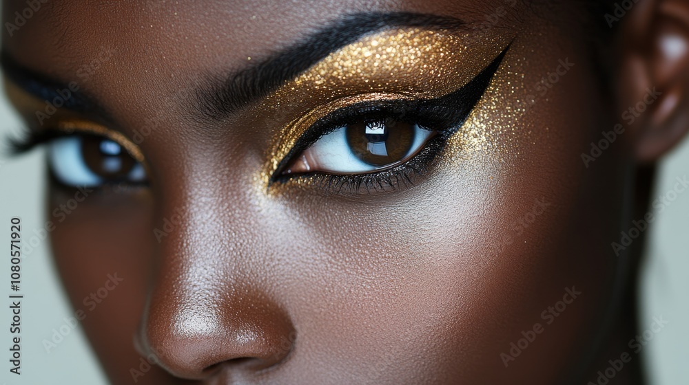 Radiant elegance captured in striking golden eye makeup with captivating eyeliner artistry at dawn